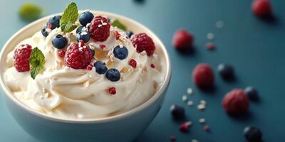 Delicious bowl of whipped cream topped with fresh berries on a blue surface in a bright kitchen setting photo