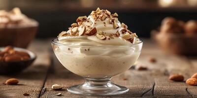 Delicious creamy dessert topped with chopped almonds served in a glass bowl on a wooden table photo