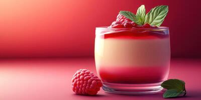 Delicious raspberry dessert with layers of cream and fruit garnished with mint leaves in a vibrant background photo