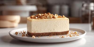 Indulgent cheesecake with nut topping served on a white plate in a cozy kitchen setting photo