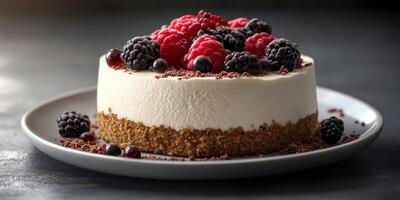 Creamy dessert topped with fresh berries served on a gray plate at a modern kitchen setting photo