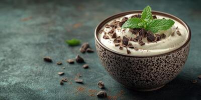 Decadent chocolate mousse topped with mint leaves in a rustic bowl sits on a textured surface photo