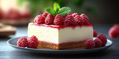 Fresh raspberry cheesecake served on a dark plate with mint garnish in a cozy kitchen setting photo