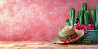 Colorful sombrero rests beside vibrant cacti and flowers against a pink wall photo