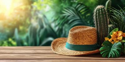 Straw hat placed on a wooden surface adorned with tropical flowers and a cactus in a lush garden setting photo