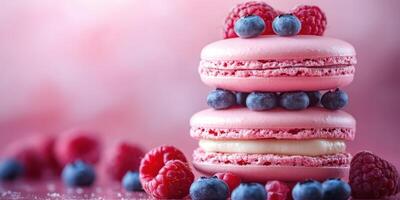 Delicate pink macarons stacked with fresh berries on a vibrant background photo