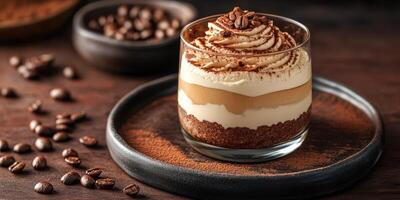 Delicious layered dessert with coffee flavor presented on a rustic wooden surface photo