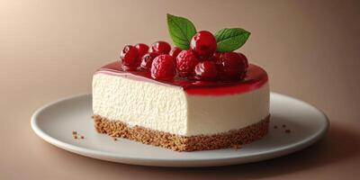 Delicious cheesecake topped with raspberries and mint leaves served on a white plate photo