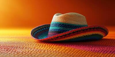 Colorful sombrero resting on a vibrant textile background during sunset in a warm, inviting atmosphere photo