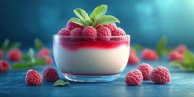 Delicious raspberry dessert with creamy layers served in a clear bowl on a colorful background photo