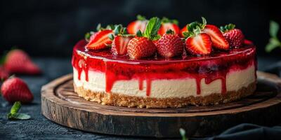 Delicious strawberry cheesecake with vibrant topping served on a wooden platter photo