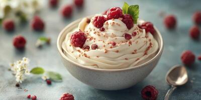 Delicious bowl of creamy dessert topped with fresh raspberries and mint leaves on a stylish table setting photo