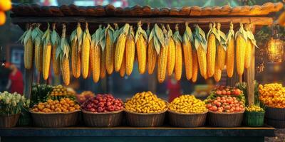 Colorful market stall displays fresh produce and corn during the day in an outdoor setting photo