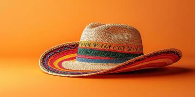 Colorful sombrero resting against a vibrant orange background with intricate patterns and textures photo