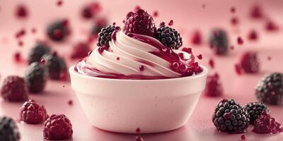 Swirls of creamy raspberry dessert topped with fresh berries for a delightful summer treat photo