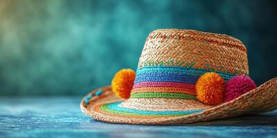 Colorful straw hat with pom poms placed on a textured background in a bright setting photo