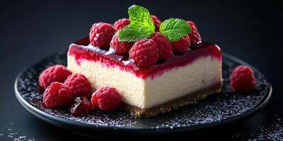 Delicious raspberry cheesecake served on a black plate with fresh berries and mint garnish in a dimly lit setting photo