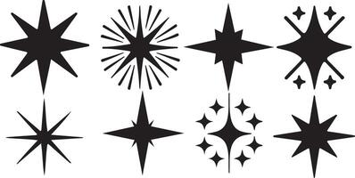 Sparkling star icons with Y2K inspired geometric twinkle and glowing light bursts vector