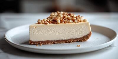 Delightful cheesecake slice topped with nuts served on a clean white plate in a cozy kitchen setting photo