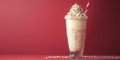 Creamy milkshake topped with whipped cream and colorful sprinkles on a vibrant red background photo
