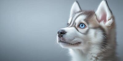 Siberian husky puppy with striking blue eyes looking curiously to the side in soft natural light setting photo