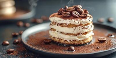 Delicious coffee-infused dessert presented on a black plate with coffee beans and steam rising photo