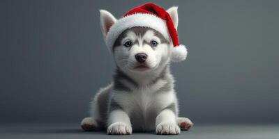 Cute husky puppy wearing Santa hat in festive setting during the holiday season photo