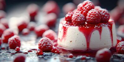 Delicious raspberry dessert with sweet sauce and fresh berries on a dark background photo