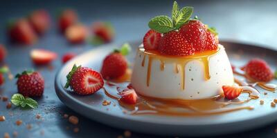 Delicious panna cotta topped with fresh strawberries and caramel sauce garnished with mint leaves photo