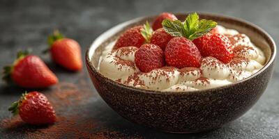 Delicious dessert featuring whipped cream, strawberries, and cocoa powder garnished with fresh mint in a cozy setting photo