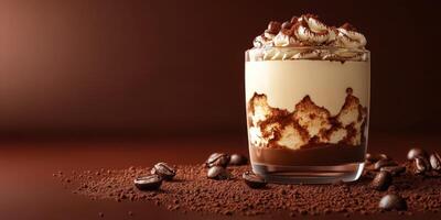 Delicious chocolate dessert layered with cream and coffee beans served on a rustic table photo