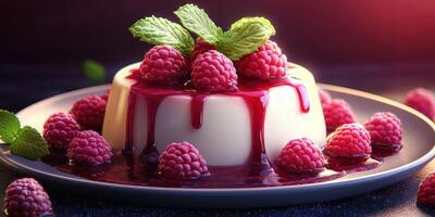 Delicious panna cotta dessert topped with fresh raspberries and mint on a dark background photo