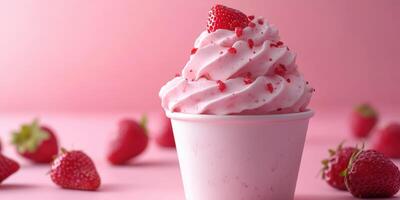 Delicious strawberry soft serve ice cream with fresh berries on a pink background ready to enjoy photo