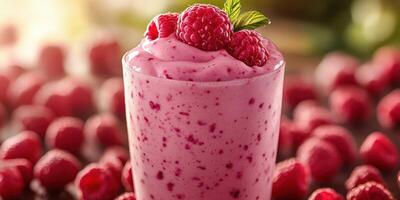 Refreshing raspberry smoothie topped with fresh berries and mint in a summer setting photo