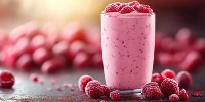 Fresh raspberry smoothie in a glass surrounded by berries on a wooden counter photo