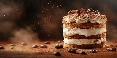 Delicious dessert made with layers of sponge cake, cream, and cocoa powder in a warm setting photo