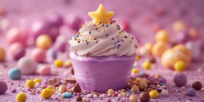 Colorful cupcake with whipped cream and sprinkles on a vibrant backdrop during a cheerful dessert celebration photo