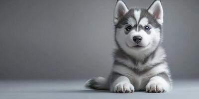 Charming husky puppy rests on a smooth surface in a minimalistic setting, showcasing a playful expression and soft fur texture photo