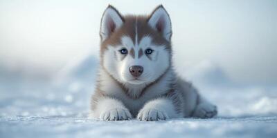 Playful husky puppy resting on a snowy landscape during a quiet winter afternoon with soft lighting photo