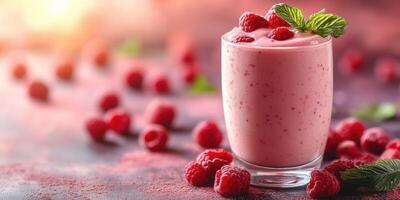 Refreshing raspberry smoothie garnished with mint in a vibrant setting photo