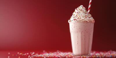 Colorful milkshake topped with whipped cream and sprinkles against a red background photo