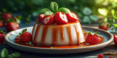 Delicious dessert with creamy panna cotta topped with fresh strawberries and caramel sauce on a rustic table photo
