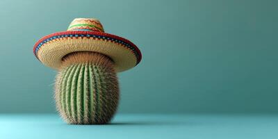 Cactus wearing a sombrero in a minimalist setting with teal background and soft lighting photo