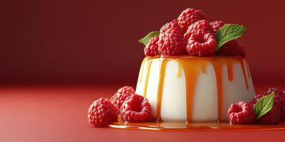 Decadent dessert featuring creamy panna cotta drizzled with caramel and topped with fresh raspberries photo