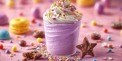 Colorful dessert treat with whipped cream and sprinkles on a vibrant backdrop of candies photo