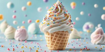 Delicious soft serve ice cream cone decorated with sprinkles and colorful meringues in a bright setting photo