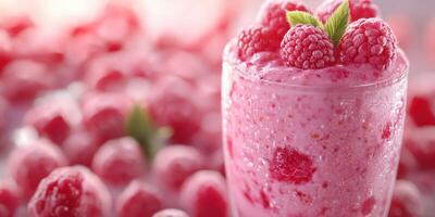 Raspberry smoothie prepared with fresh berries and mint, served in a clear glass during a sunny day photo