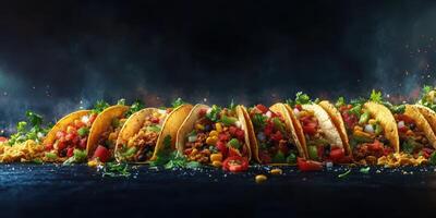Tacos filled with vibrant ingredients arranged beautifully on a dark surface with a smoky backdrop photo