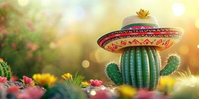 Cactus wearing a sombrero in a colorful garden during golden hour sunshine photo