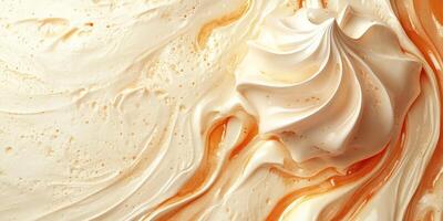 Creamy dessert topping with caramel swirl on rich vanilla base during food preparation in a cozy kitchen photo